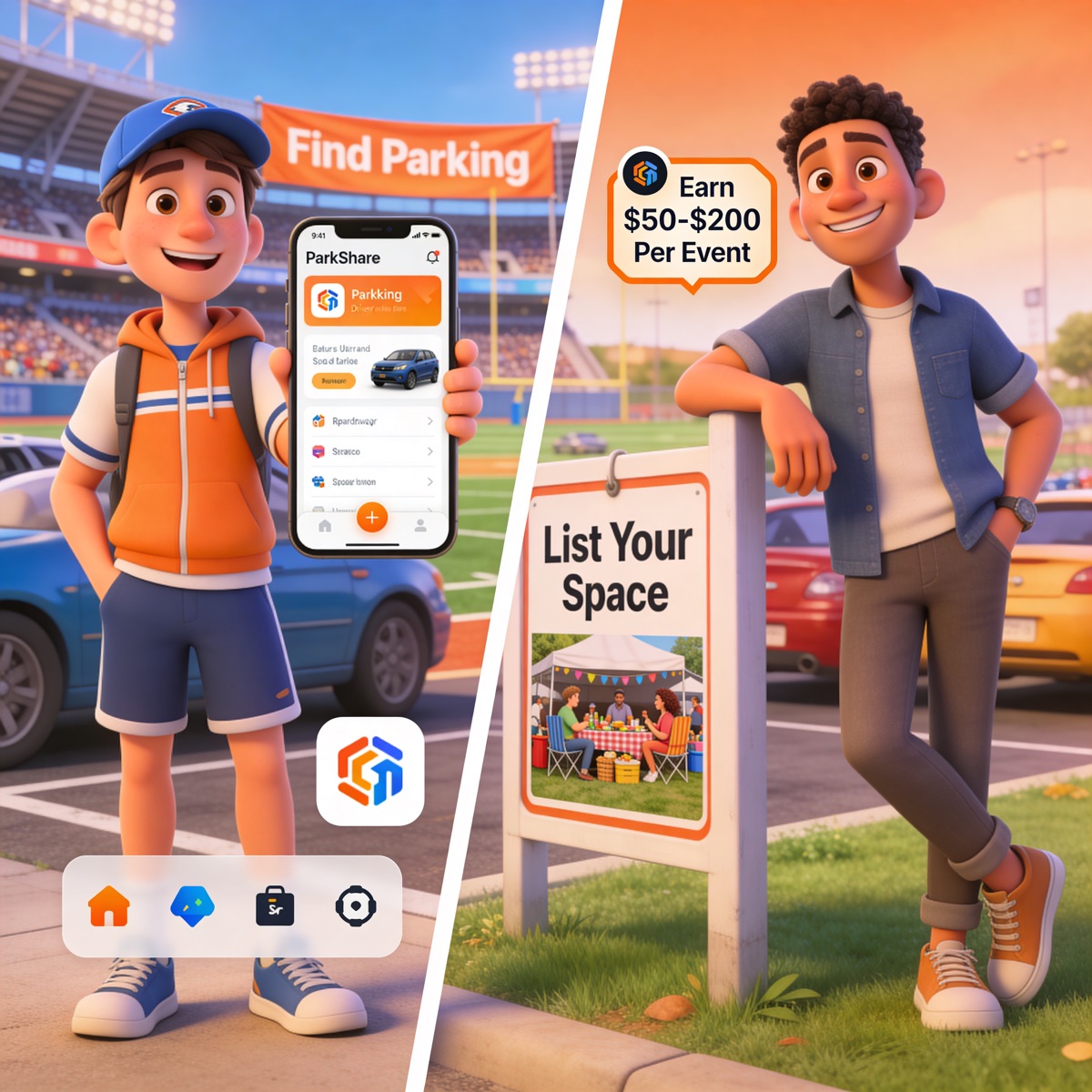 Parker finds parking at the stadium while Sharer lists their space