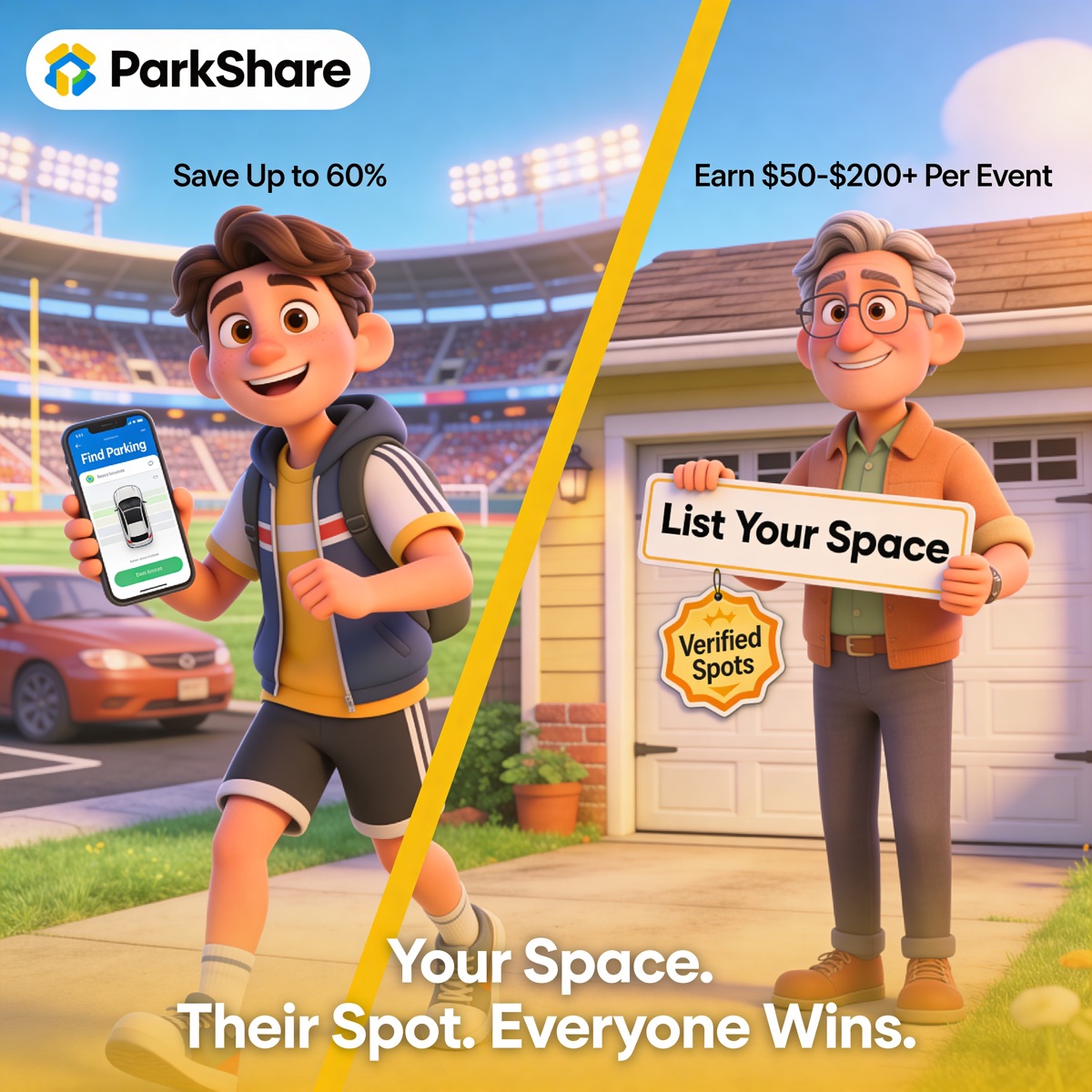 Parkers save up to 60% while Sharers earn $50-$200+ per event