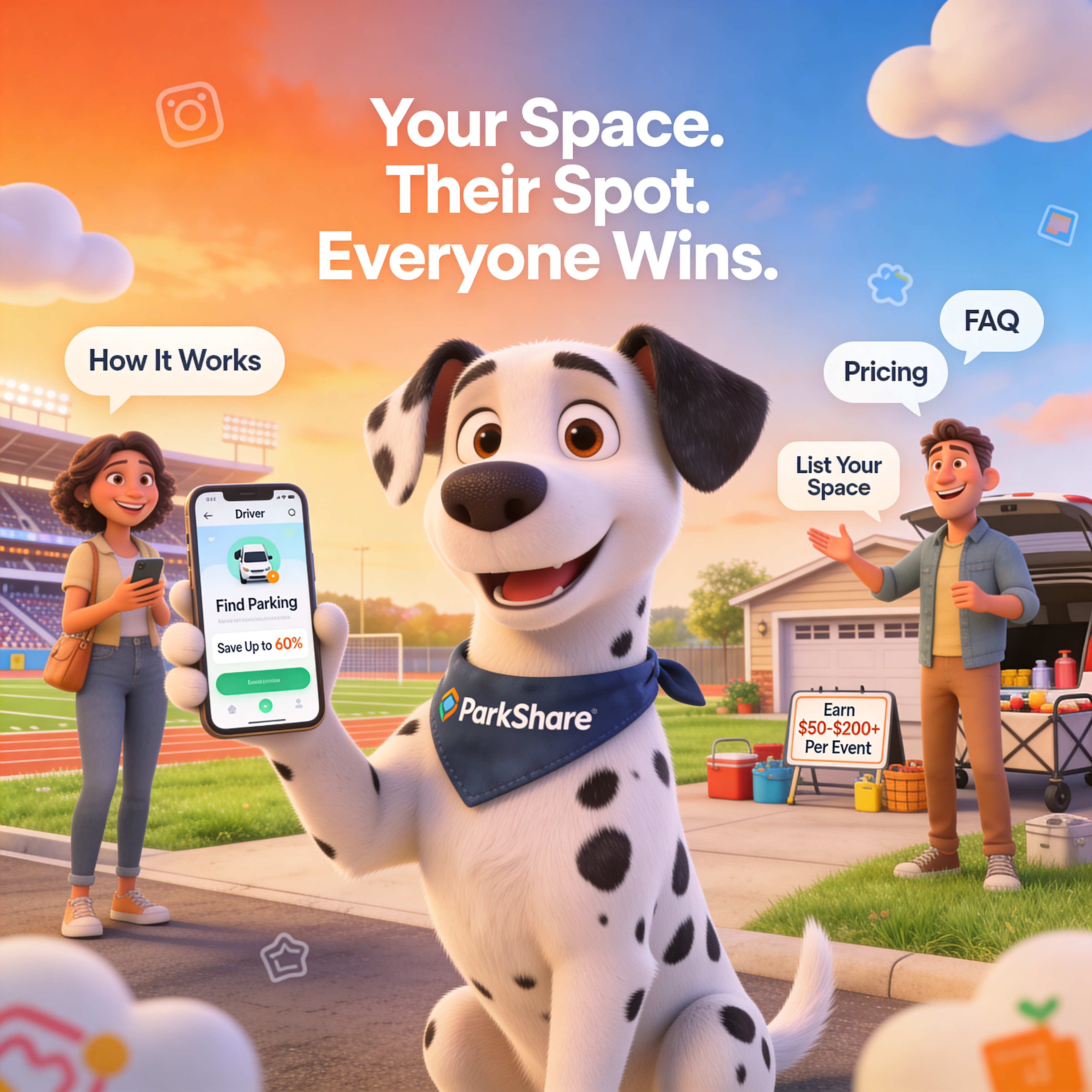 Spot the Dalmatian - ParkShare mascot holding a phone, showing Parkers how to find parking and Sharers how to earn money